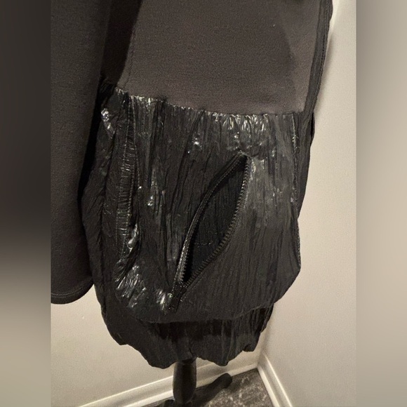 DZHAVAEL COUTURE Black Zip Bubble Hem Garbage Bag Like Fabric Slim Fit Jacket S - Picture 7 of 8